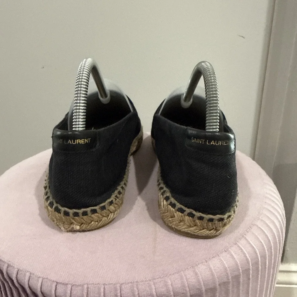 Saint Laurent Cassandre Black Canvas Espadrille Flats Womens Size 8-8.5